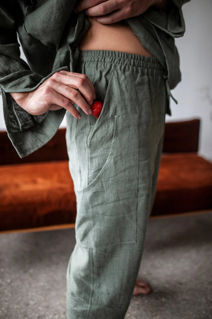 Men's Beach Pants , Summer Yoga Trousers, Lightweight Linen Drawstring Pants
