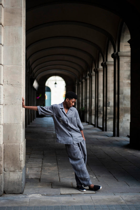 Linen Camp Shirt , Gray Camp Collar Blazer, Oversized Short Sleeve Button-Up,