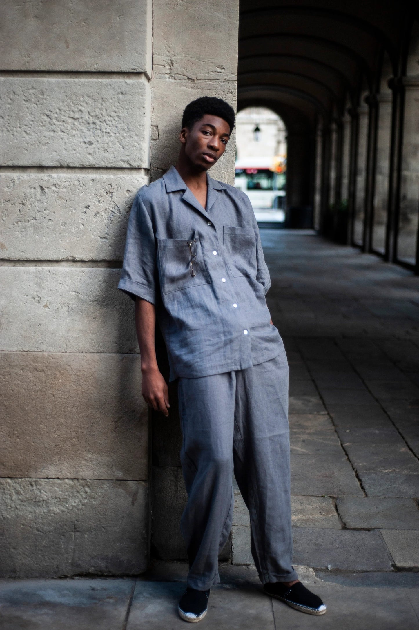 Linen Camp Shirt , Gray Camp Collar Blazer, Oversized Short Sleeve Button-Up,
