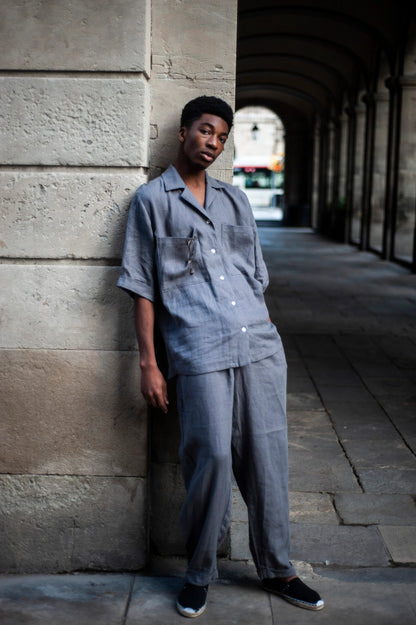 Linen Camp Shirt , Gray Camp Collar Blazer, Oversized Short Sleeve Button-Up,