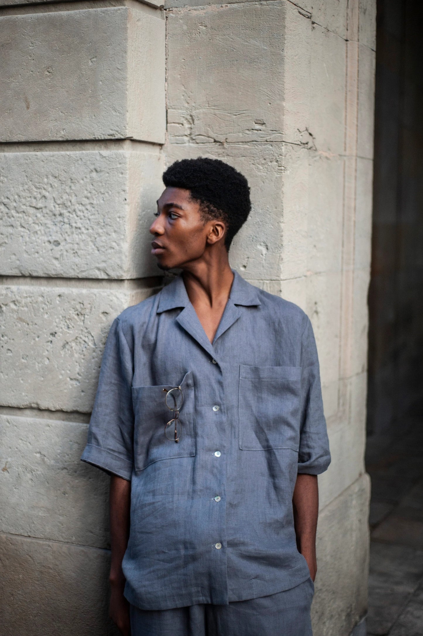 Linen Camp Shirt , Gray Camp Collar Blazer, Oversized Short Sleeve Button-Up,