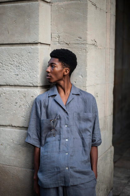 Linen Camp Shirt , Gray Camp Collar Blazer, Oversized Short Sleeve Button-Up,