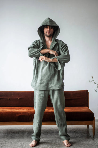 Men's Linen Yoga Suit, Hooded Jacket and Pants Set, 2-Piece Activewear Tracksuit