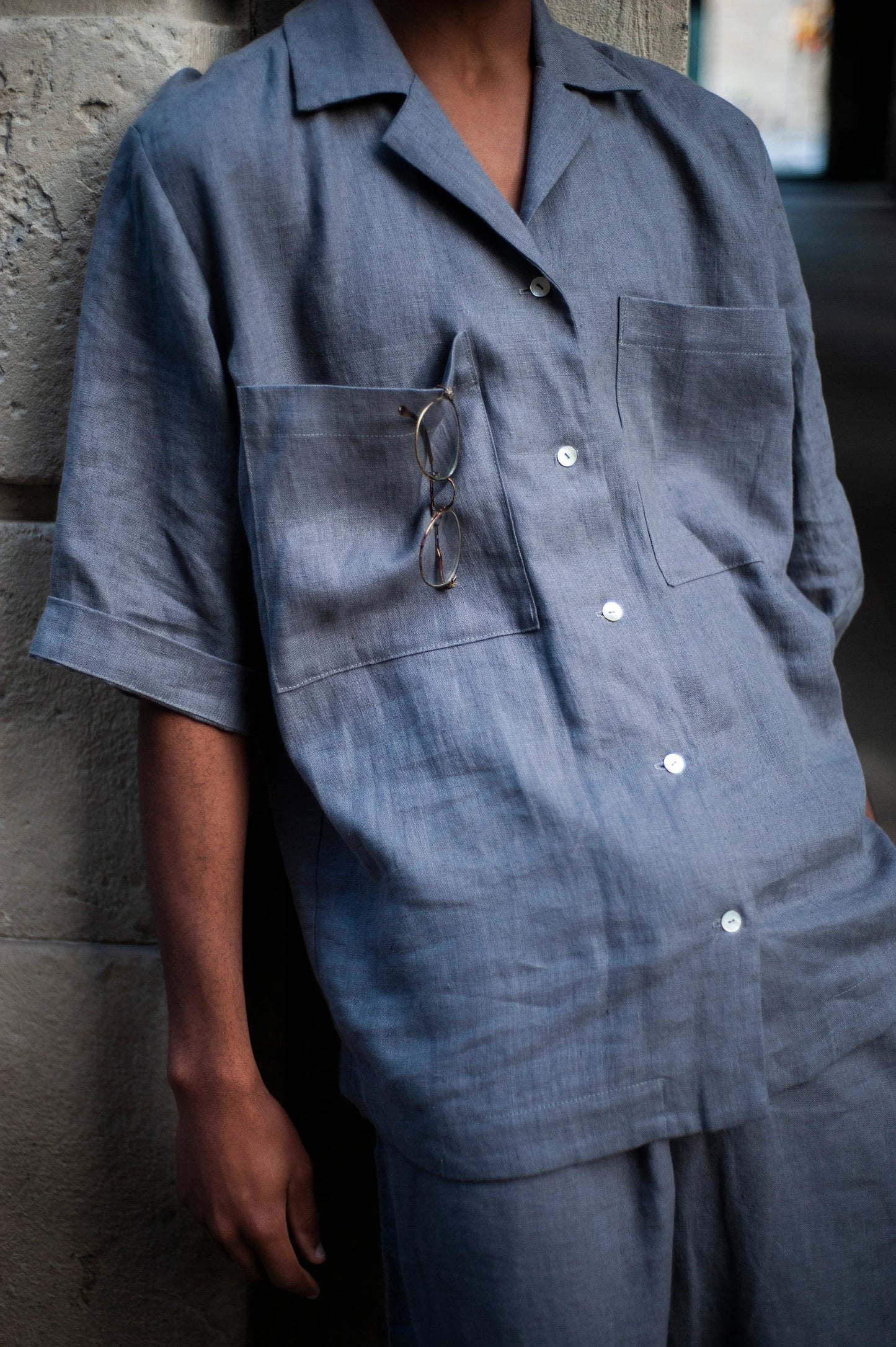 Linen Camp Shirt , Gray Camp Collar Blazer, Oversized Short Sleeve Button-Up,