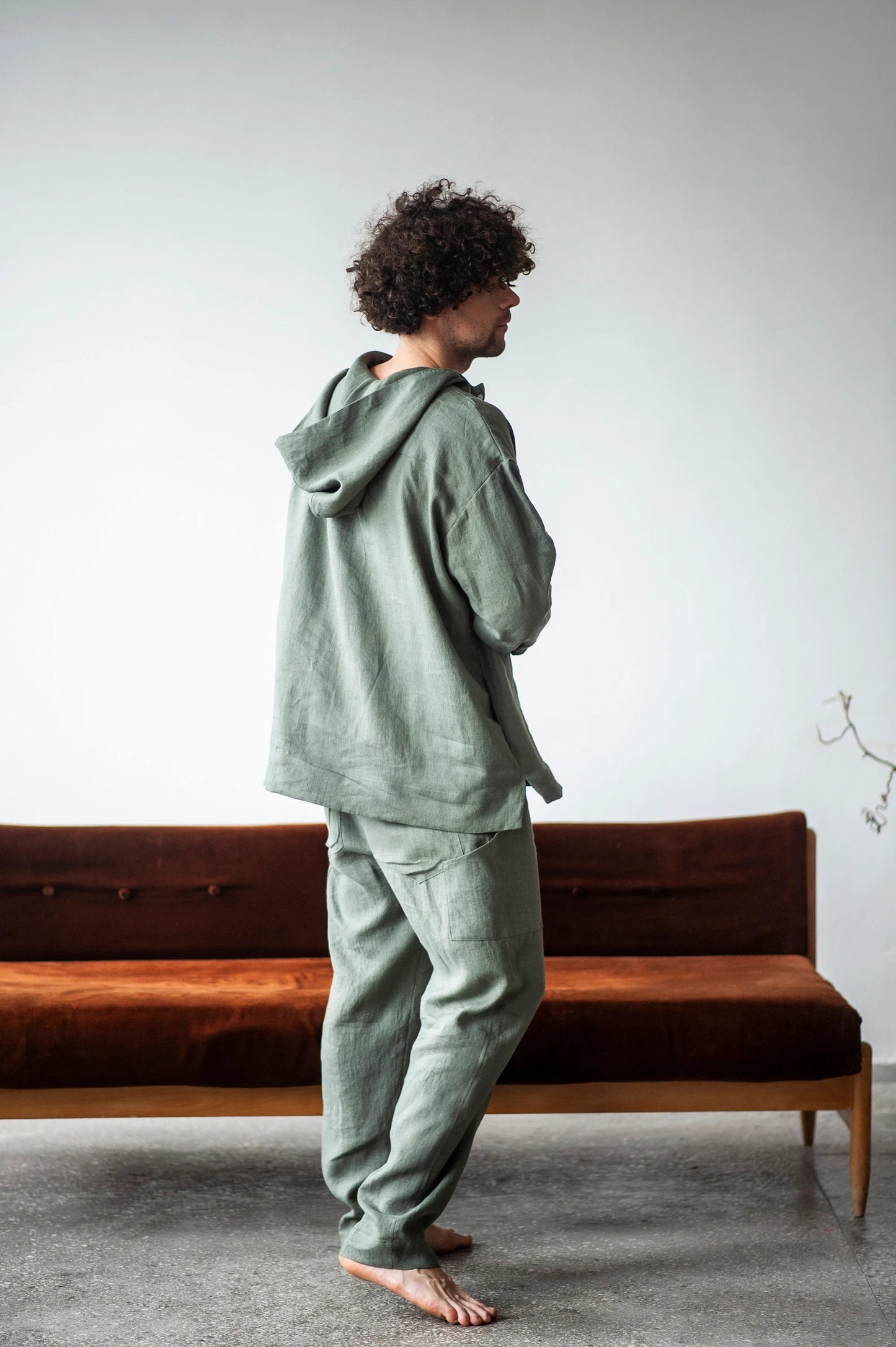 Men's Linen Yoga Suit, Hooded Jacket and Pants Set, 2-Piece Activewear Tracksuit
