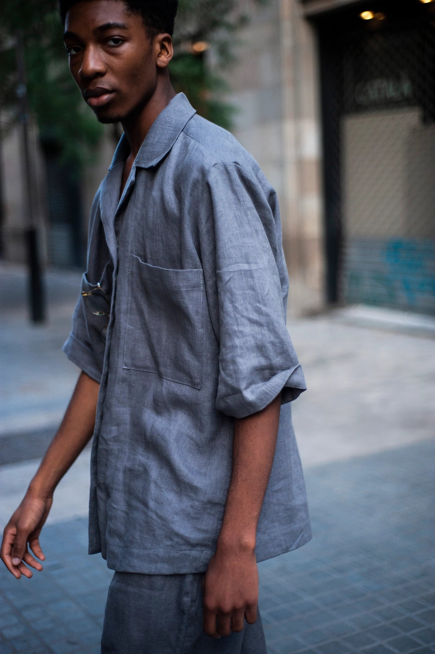 Linen Camp Shirt , Gray Camp Collar Blazer, Oversized Short Sleeve Button-Up,