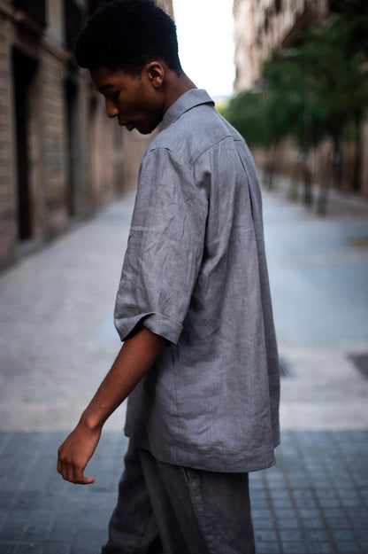 Linen Camp Shirt , Gray Camp Collar Blazer, Oversized Short Sleeve Button-Up,