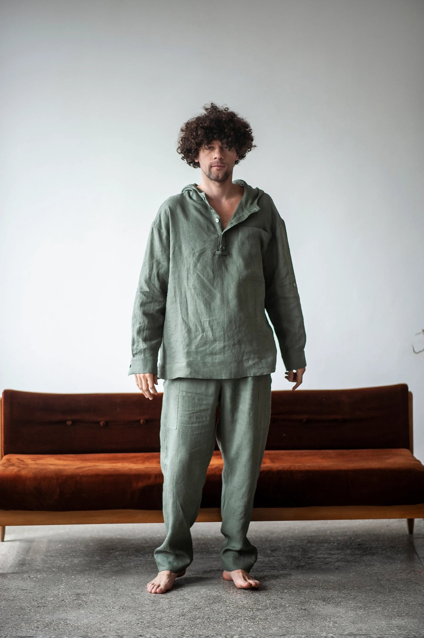 Men's Linen Hoodie , Summer Long Sleeve Shirt, Lightweight Breathable Pullover